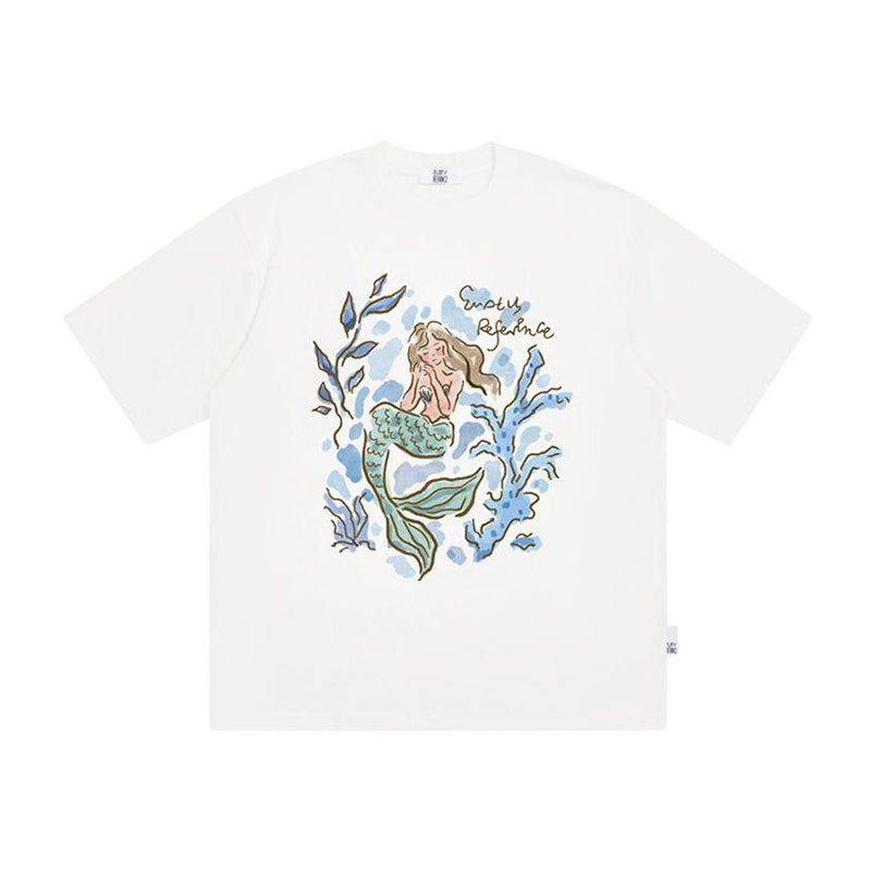 The Submerged Reverie Tee - White Snow Fabric with Hand-Drawn Mermaid & Coral