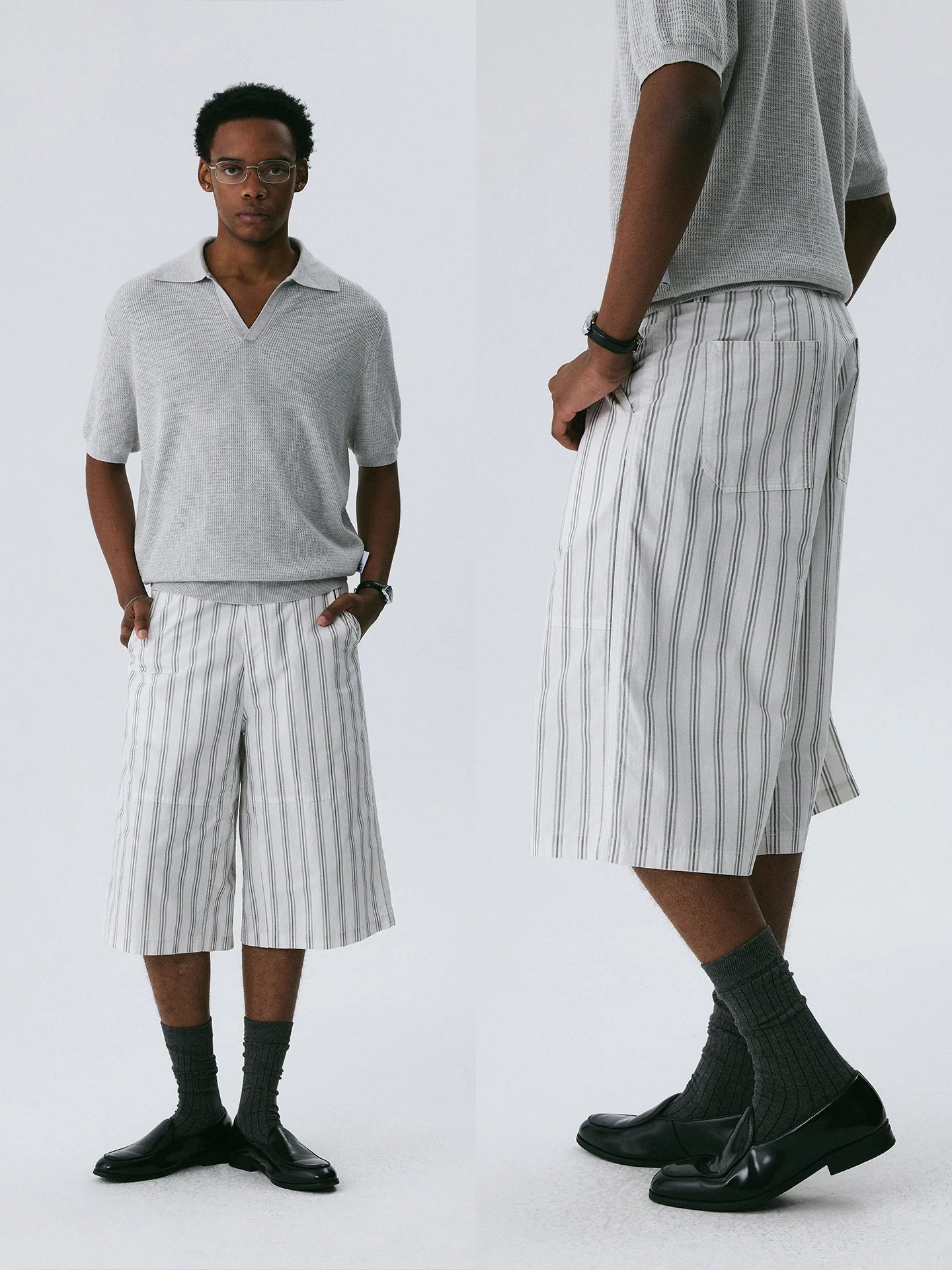 The Washed Stripe Short - Cotton 7 Length with Faded Grey Print & Metal Zipper