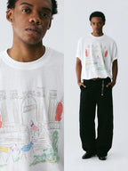 The Three Little Horses Tee - White Snow Fabric with Line-Drawn Manor & Color-Accent Pony Scene