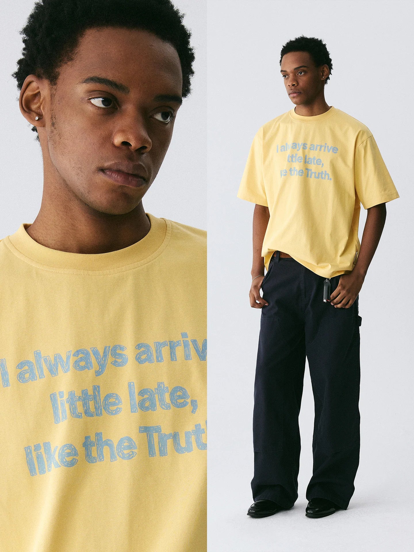 The Late Truth Tee - 240g Sorona® with Hand-Sketched Blue Lettering