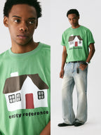 The Little House Tee - Mint Green Snow Fabric with Hand-Drawn Cottage Print