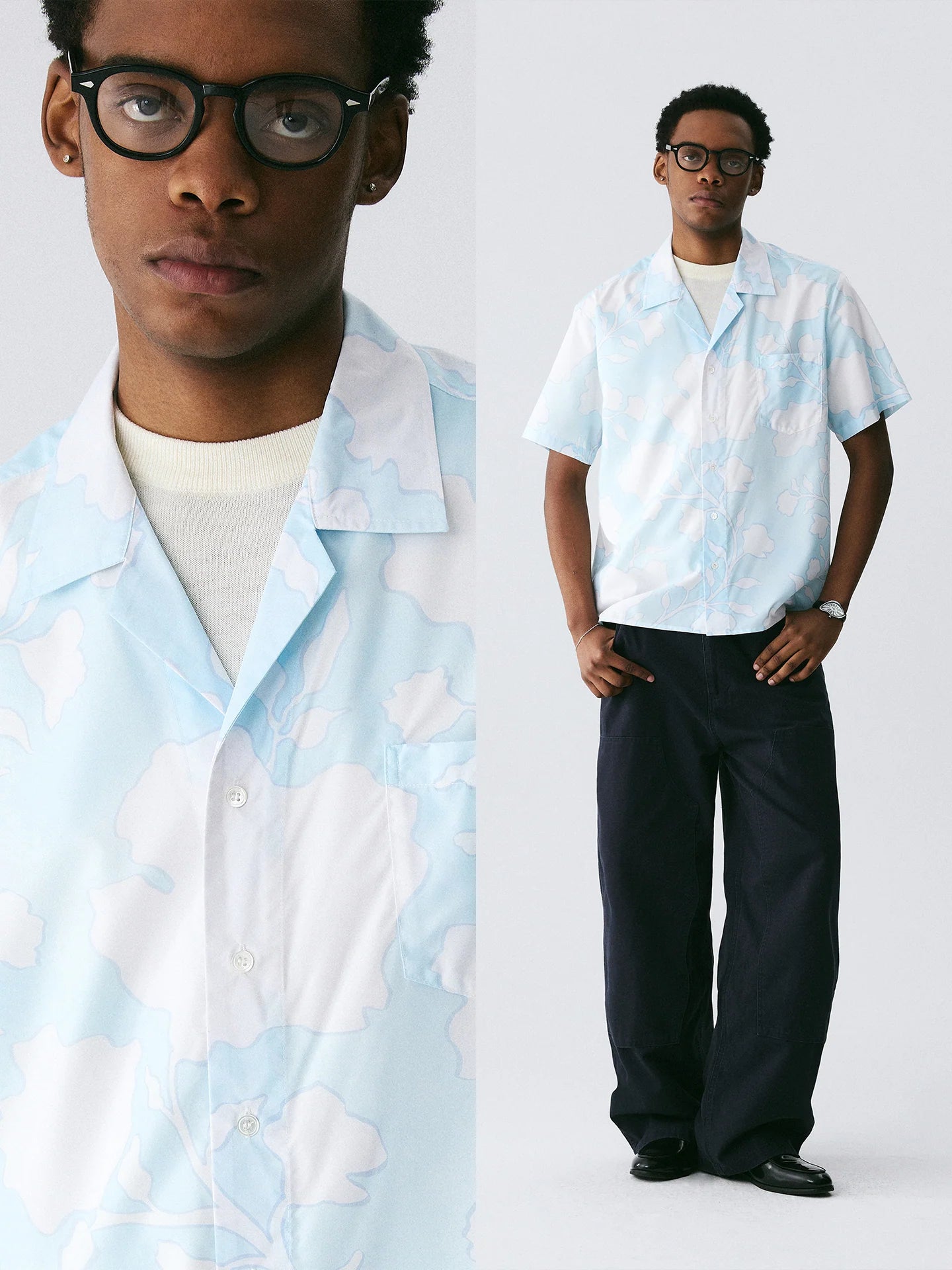 The Scattered Petal Shirt - Sky Blue Full-Print with Hand-Drawn White Flowers