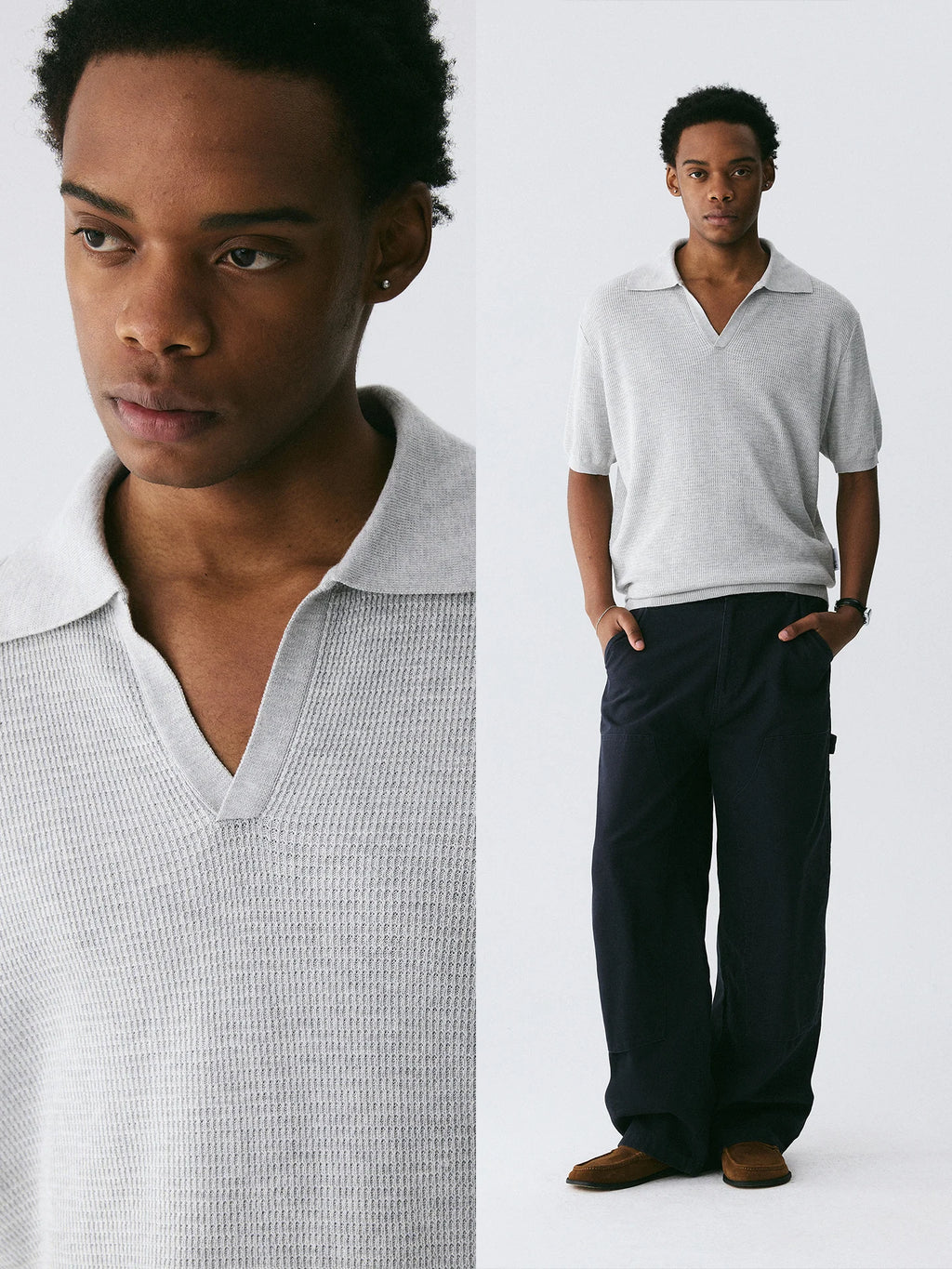The Textured Stitch Polo - Silk-Wool Blend Knit with Ribbed Trim