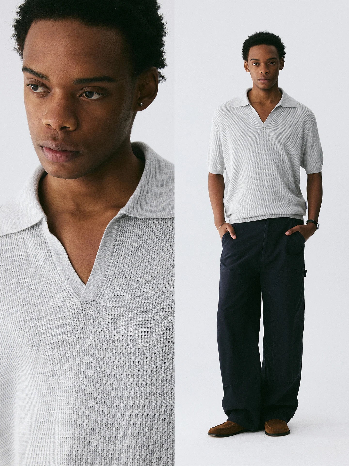 The Textured Stitch Polo - Silk-Wool Blend Knit with Ribbed Trim