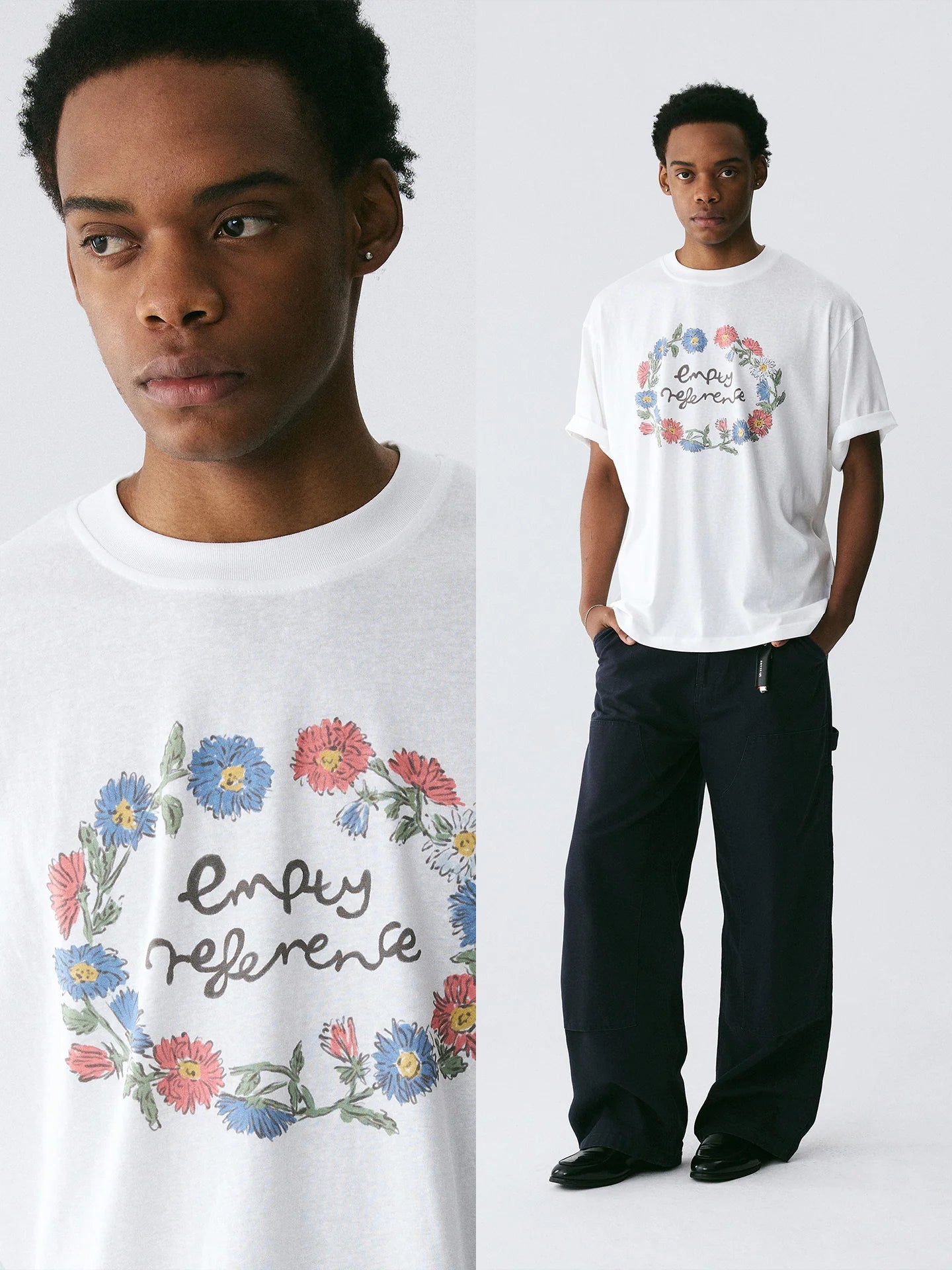 The Wreath of Wildflowers Tee - White Snow Fabric with Hand-Drawn Floral Circle & Logo