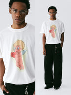 The Cherub Heart Tee - White Snow Fabric with Hand-Drawn Angel & Heart Print