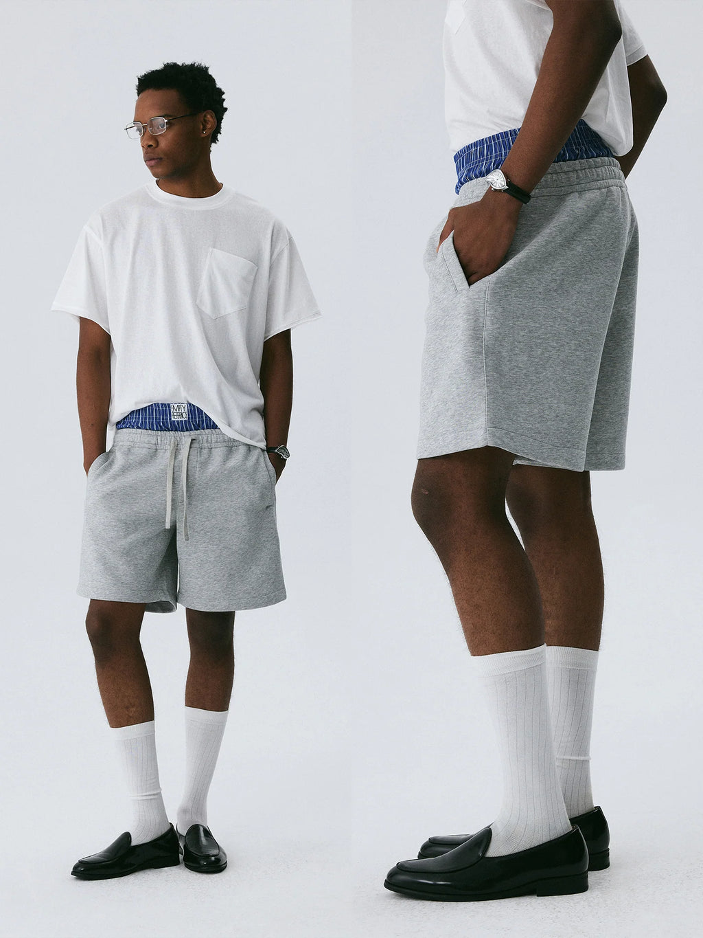 The Layered Waist Short - Heather Grey Knit with Blue Stripe Panel & Woven Label