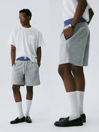 The Layered Waist Short - Heather Grey Knit with Blue Stripe Panel & Woven Label