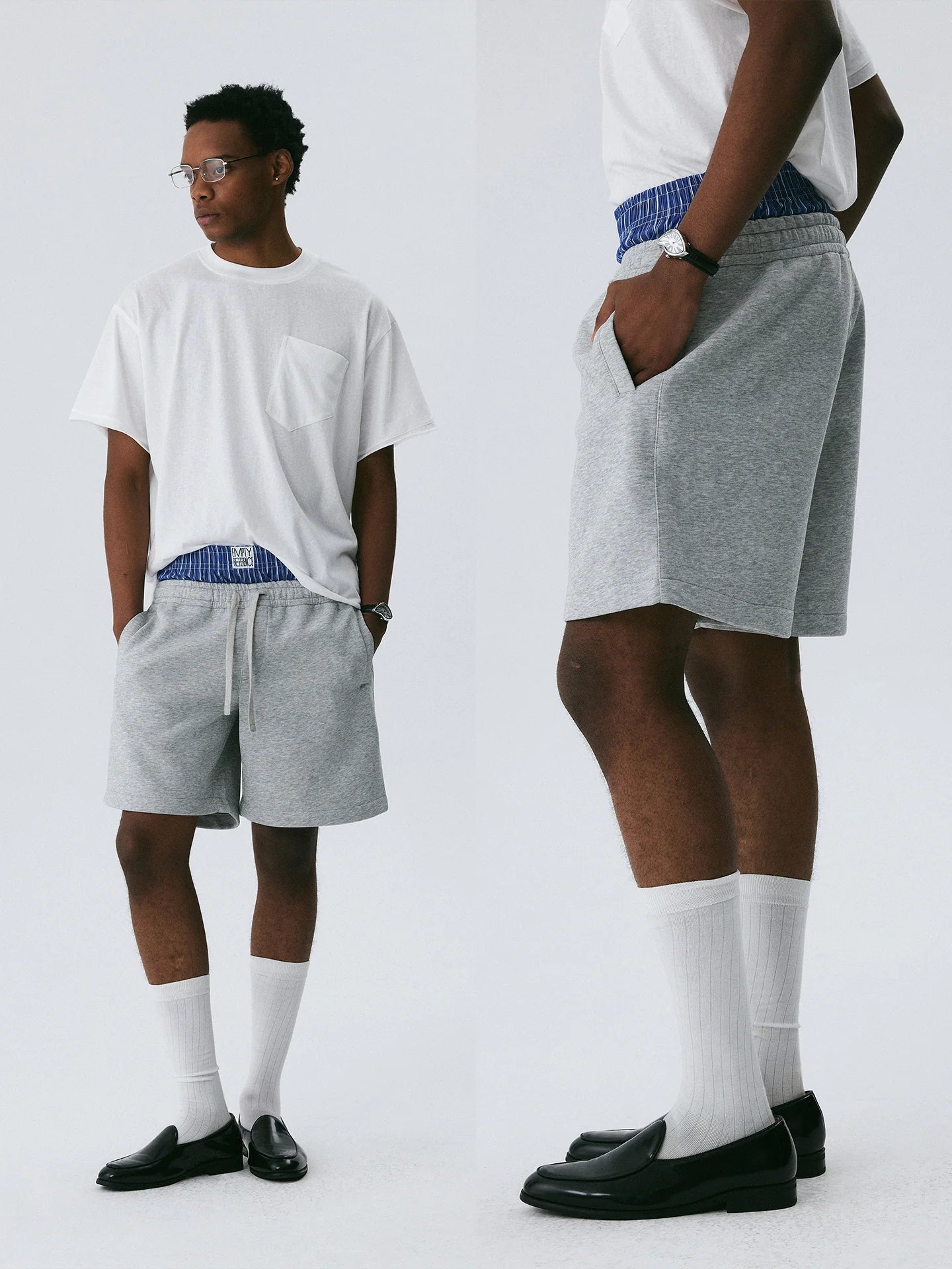 The Layered Waist Short - Heather Grey Knit with Blue Stripe Panel & Woven Label