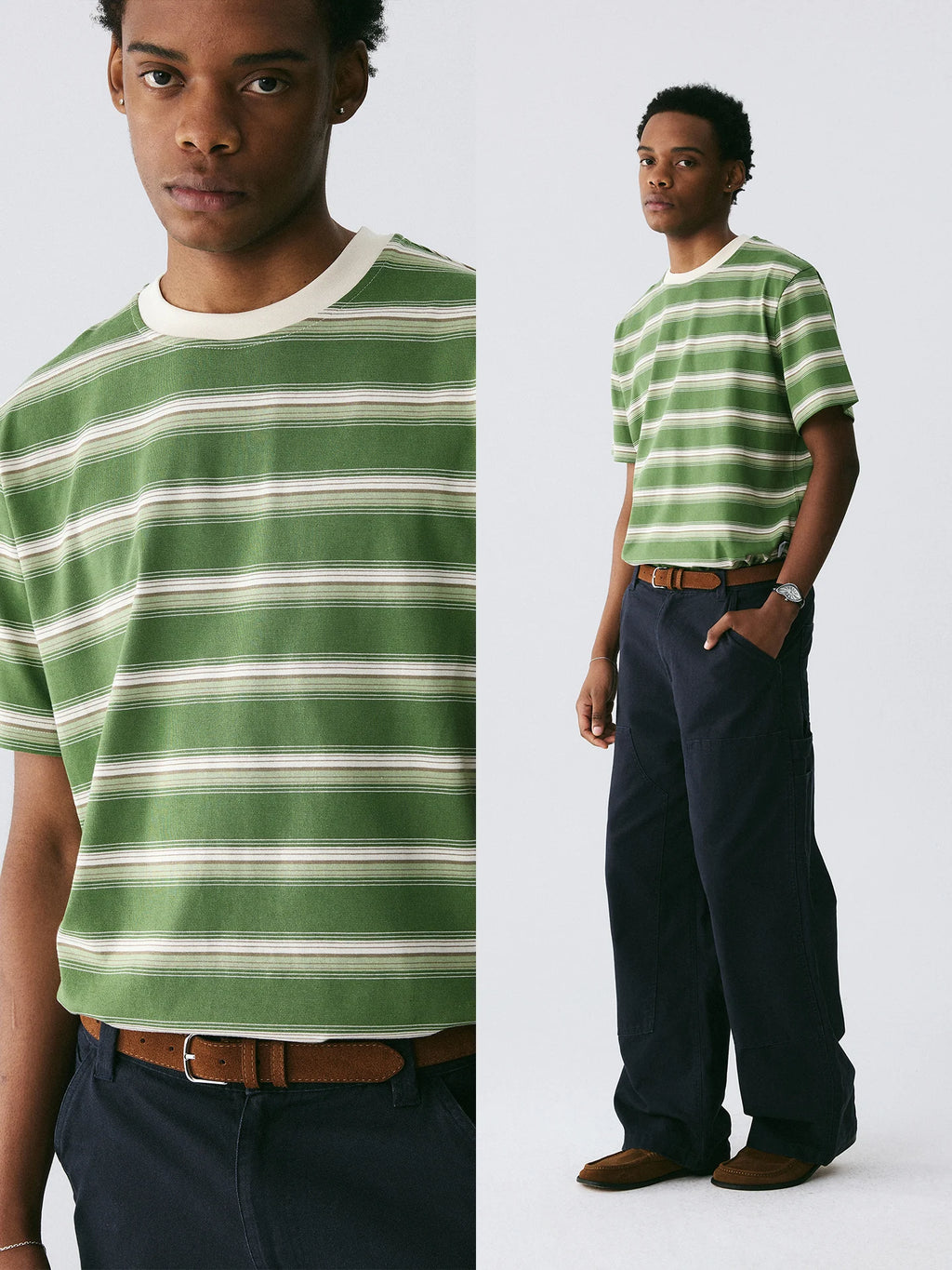 The Avocado Stripe Tee - Double Cotton in Green & Cream with Contrast Collar