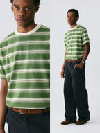 The Avocado Stripe Tee - Double Cotton in Green & Cream with Contrast Collar