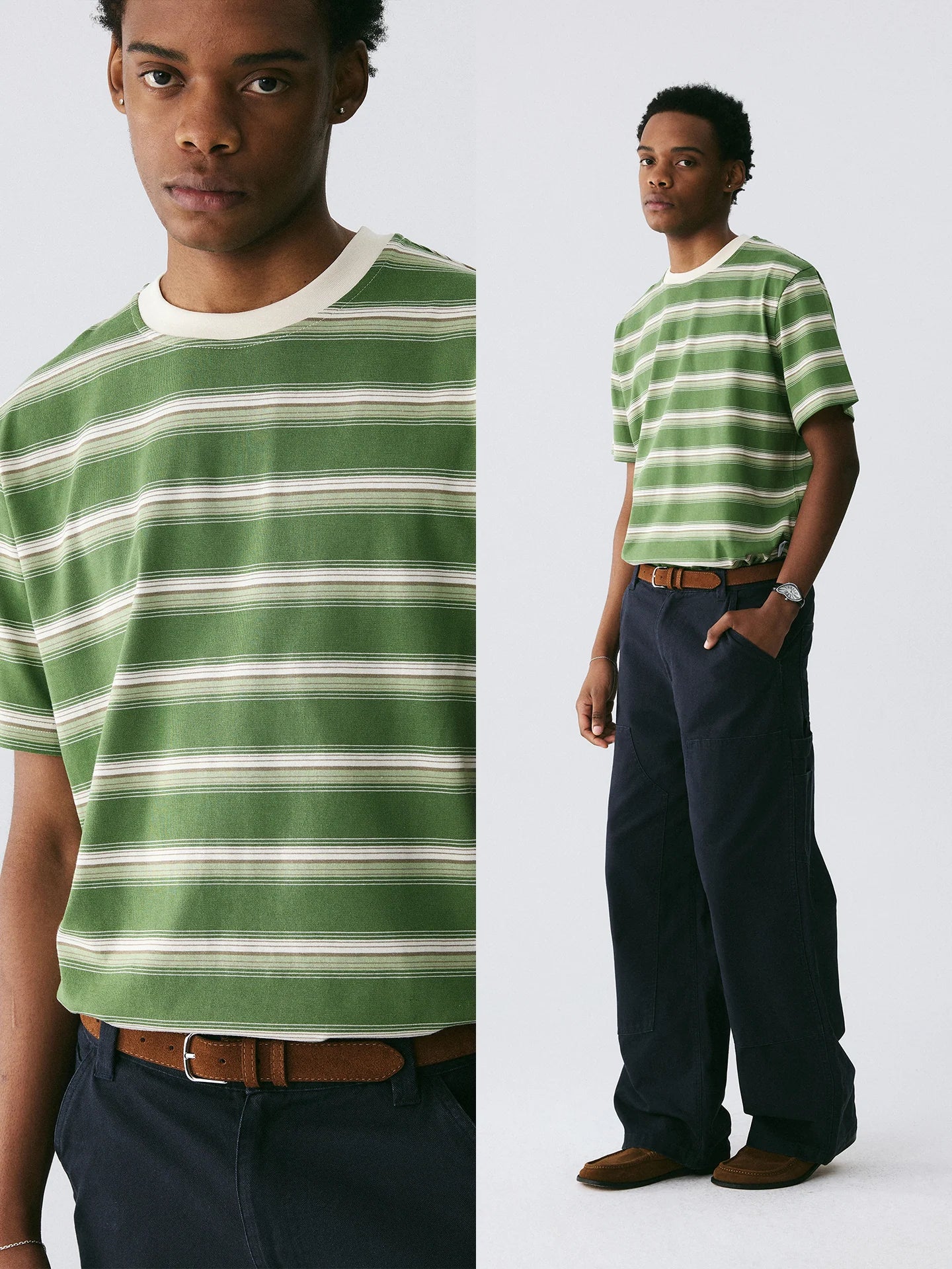 The Avocado Stripe Tee - Double Cotton in Green & Cream with Contrast Collar