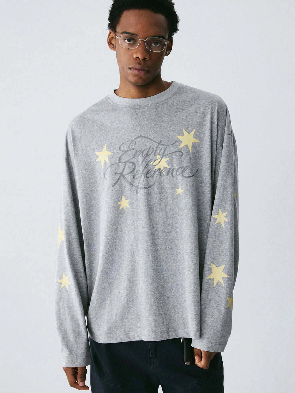Empty Reference Star Graphic Long Sleeve Tee | Oversized Grey Top