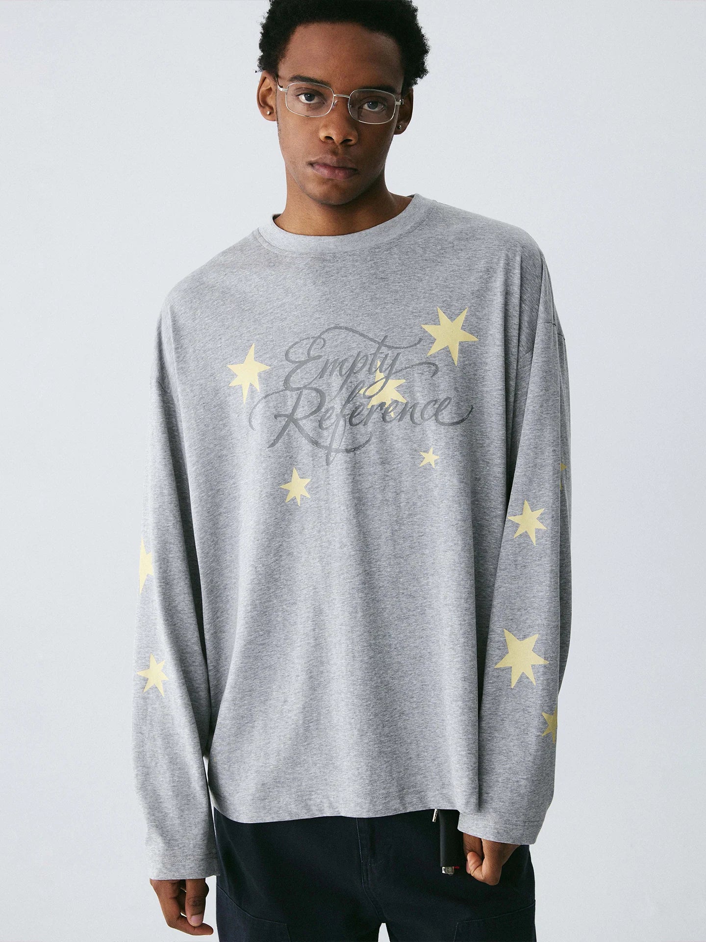 Empty Reference Star Graphic Long Sleeve Tee | Oversized Grey Top