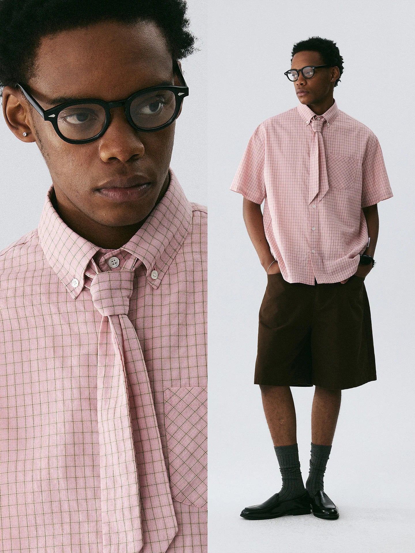 The Gingham Scarf Shirt - Pink & Brown Check with Matching Detachable Scarf