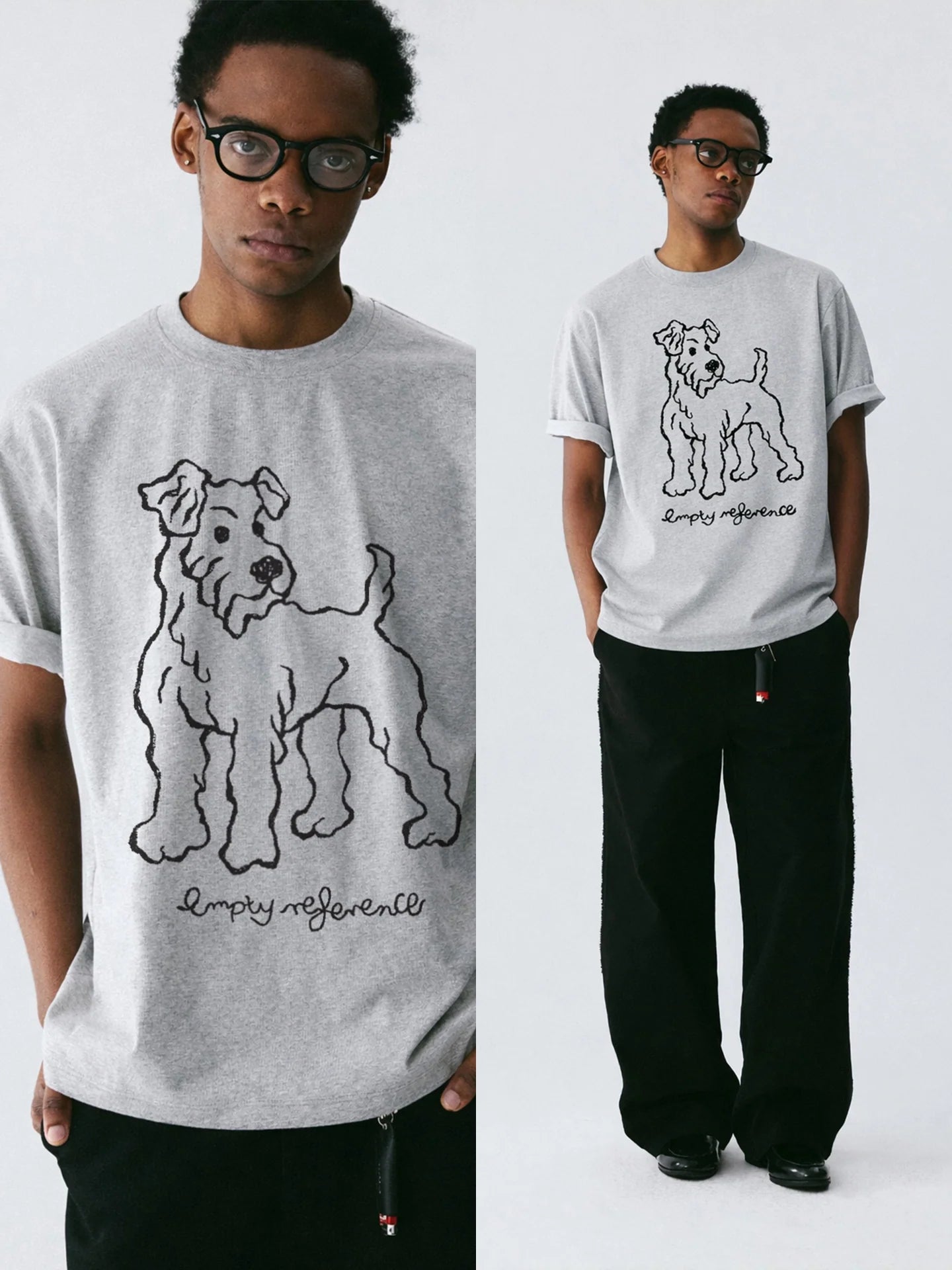 The Outlined Terrier Tee - Heather Grey Snow Fabric with Open-Line Dog Print