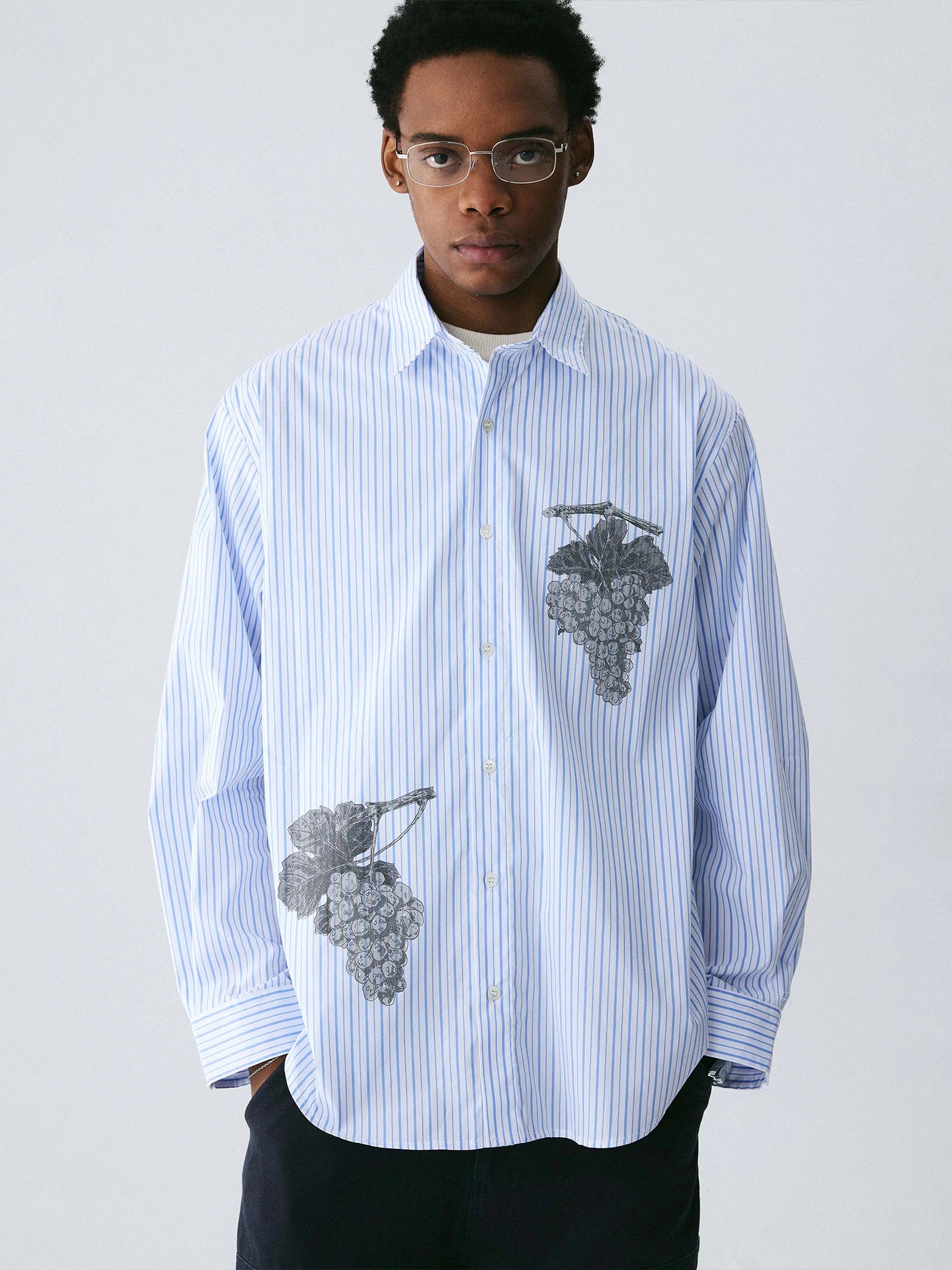 Empty Reference Botanical Stripe Shirt | Blue White Embroidered Overshirt