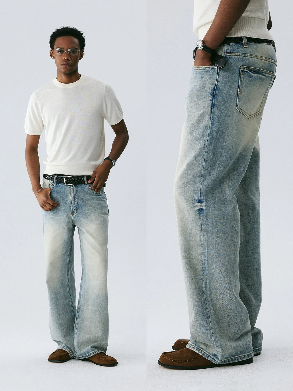 Vintage Wash Denim with Custom Hardware & Destructed Hem