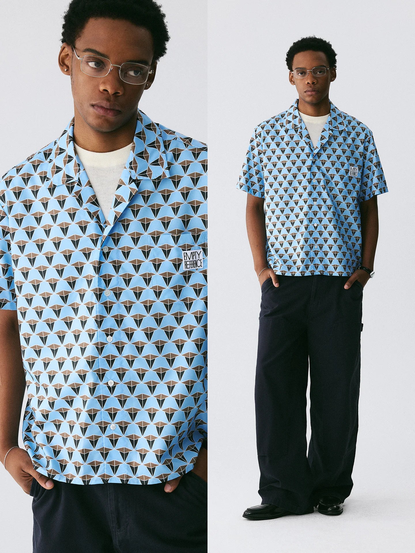 The Tessellated Diamond Shirt - Full-Print Geometric in Dusty Blue, Brown & Black