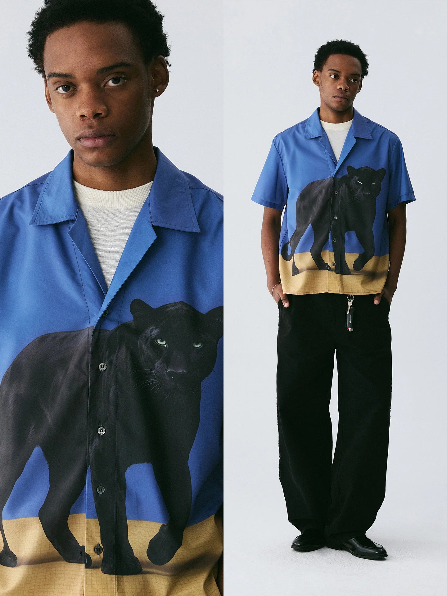 The Midnight Stride Shirt - Full-Print Sapphire Blue with Black Panther & Golden Earth