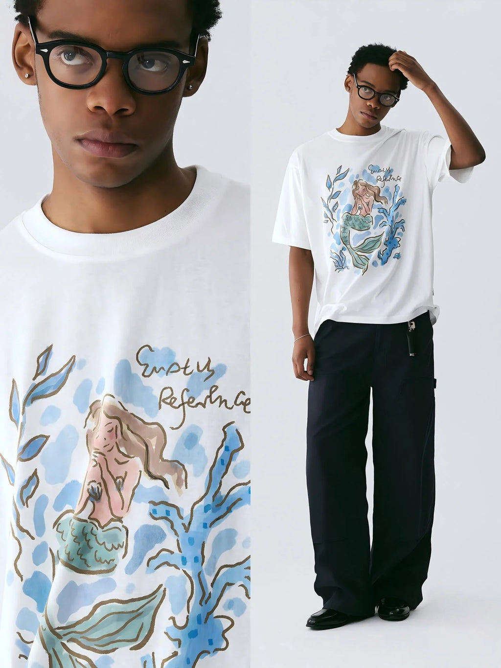 The Submerged Reverie Tee - White Snow Fabric with Hand-Drawn Mermaid & Coral