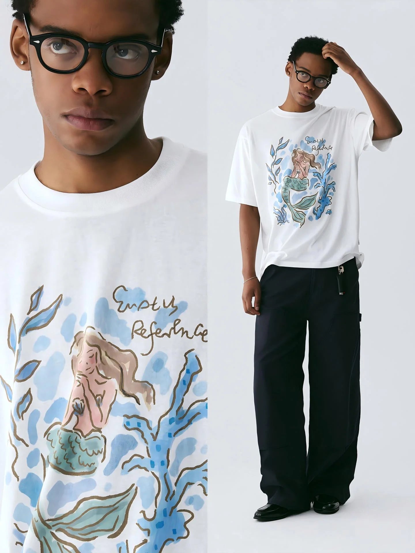 The Submerged Reverie Tee - White Snow Fabric with Hand-Drawn Mermaid & Coral