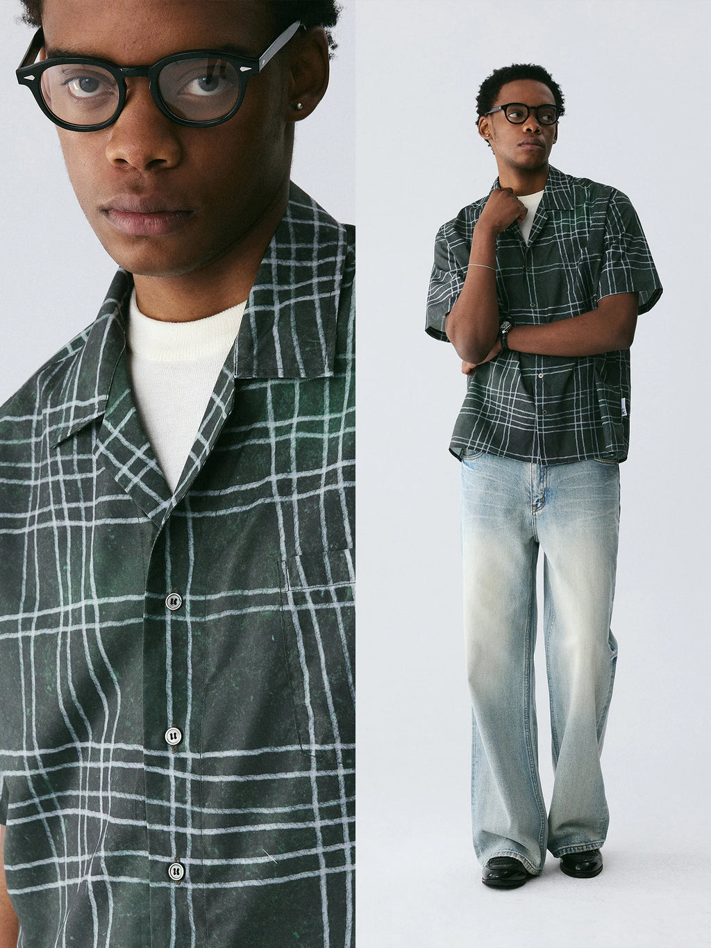 The Unruly Grid Shirt - Hand-Drawn White Lines on Forest Green