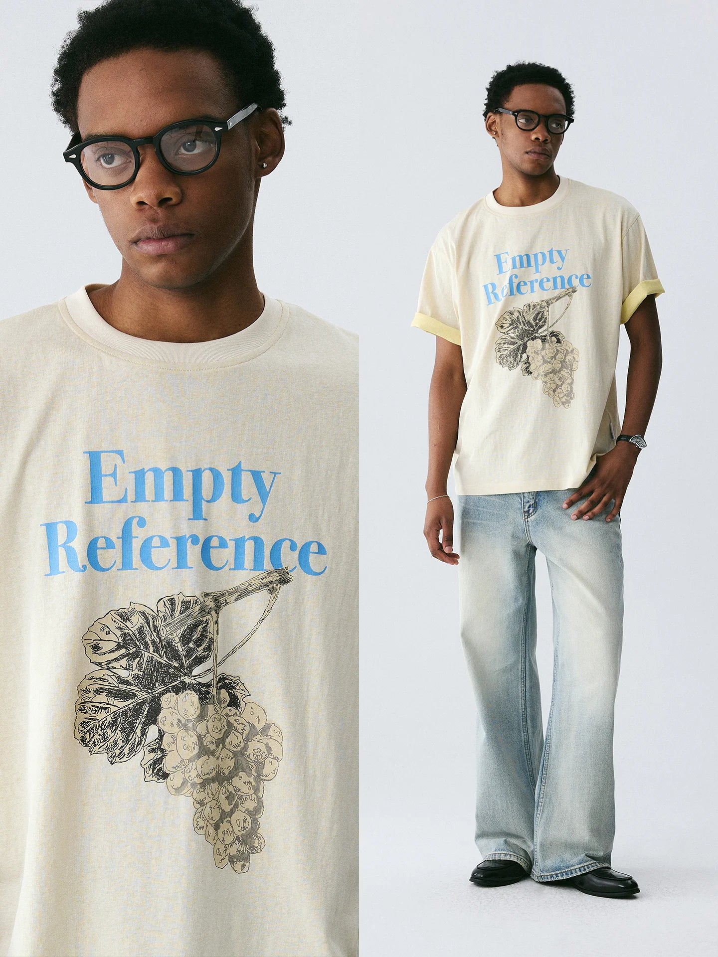 The Sketch Grape Bunch Tee - Apricot Snow Fabric with Charcoal-Style Grape Cluster & Blue Logo