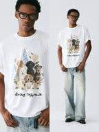 The Friendship Garden Tee - White Snow Fabric with Hand-Drawn Dog Pack & Flowers