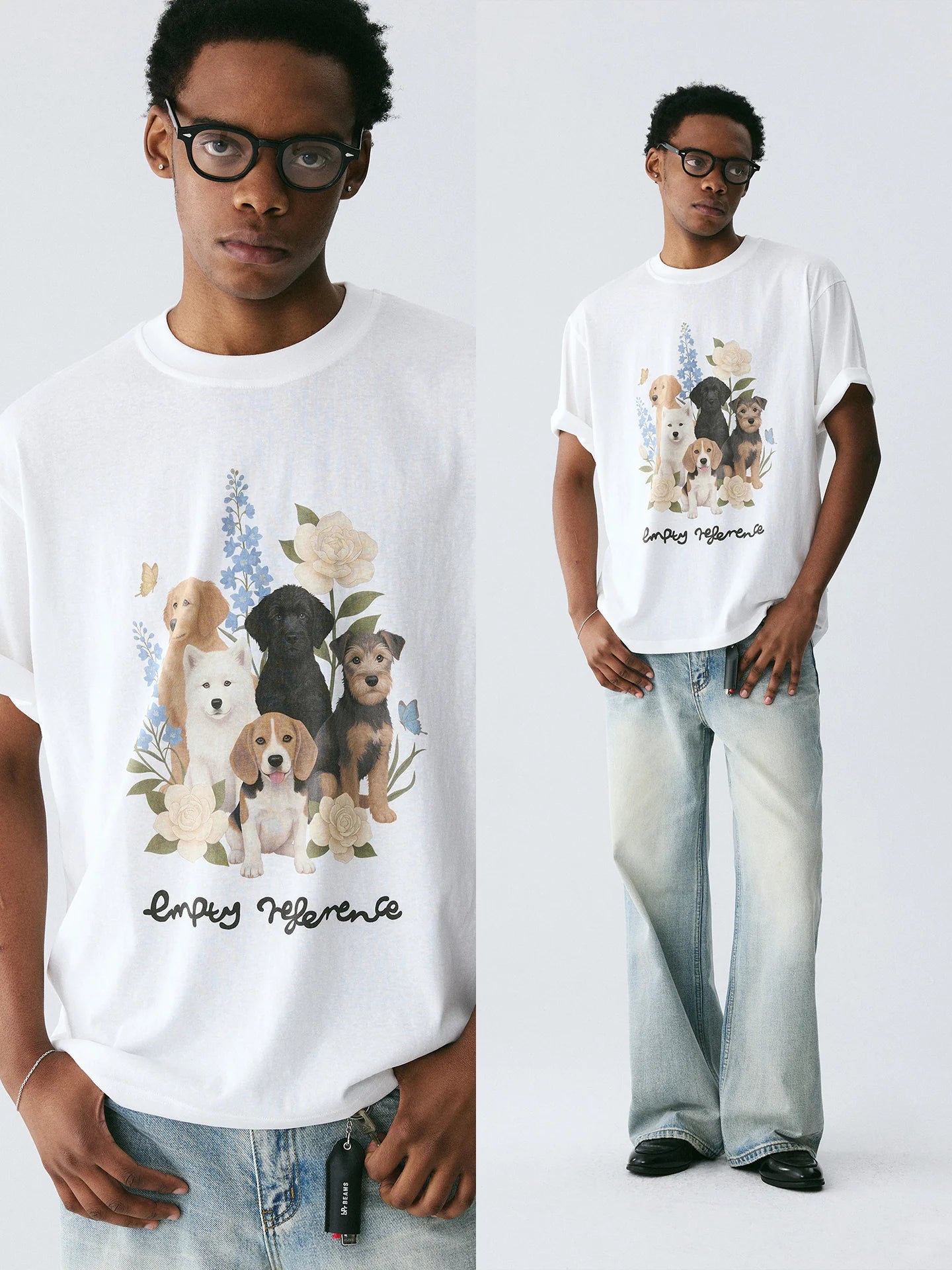 The Friendship Garden Tee - White Snow Fabric with Hand-Drawn Dog Pack & Flowers