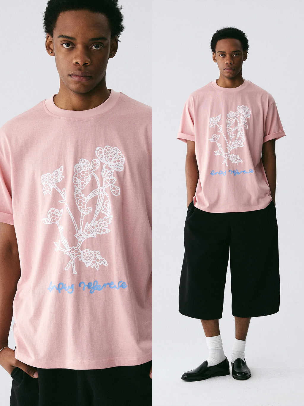 The Drawn Lace Tee - Pink Snow Fabric with Hand-Sketched White Lace Flowers