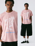 The Drawn Lace Tee - Pink Snow Fabric with Hand-Sketched White Lace Flowers