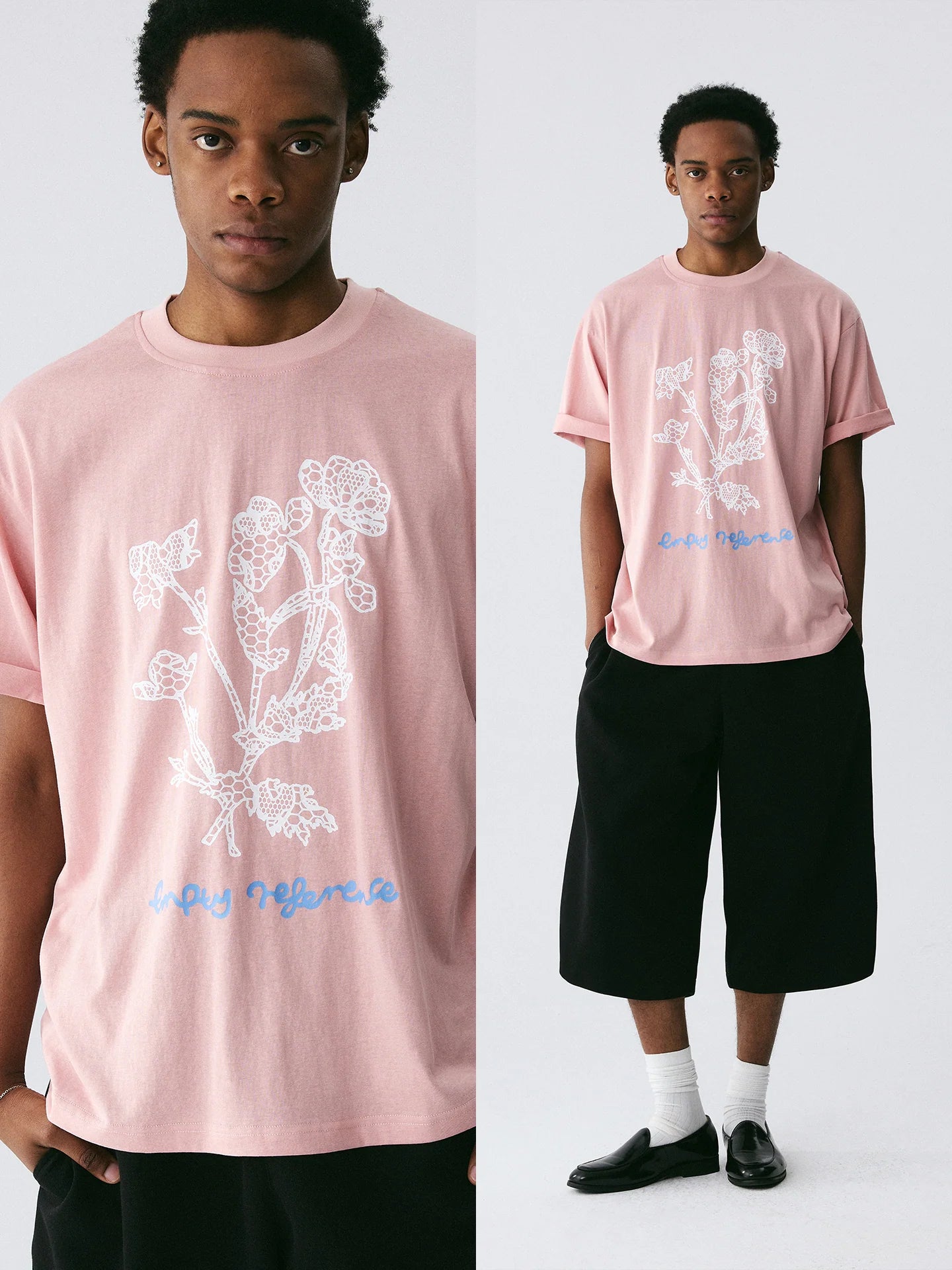 The Drawn Lace Tee - Pink Snow Fabric with Hand-Sketched White Lace Flowers