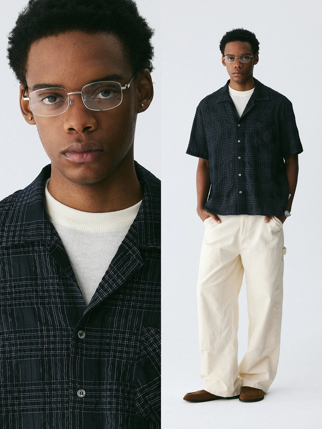 The Biased Grid Shirt - Textured Deep Navy Check Cuban Collar with Angle-Cut Pocket