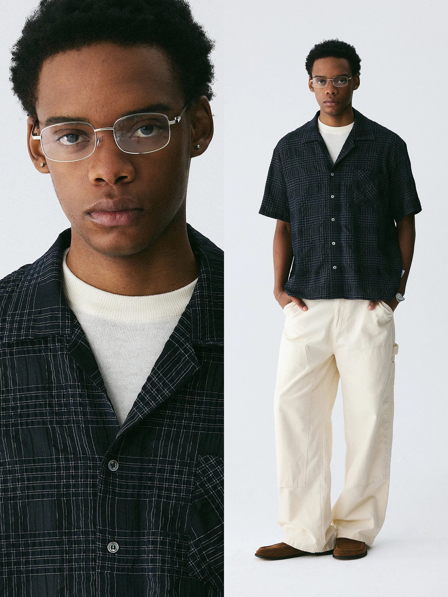 The Biased Grid Shirt - Textured Deep Navy Check Cuban Collar with Angle-Cut Pocket