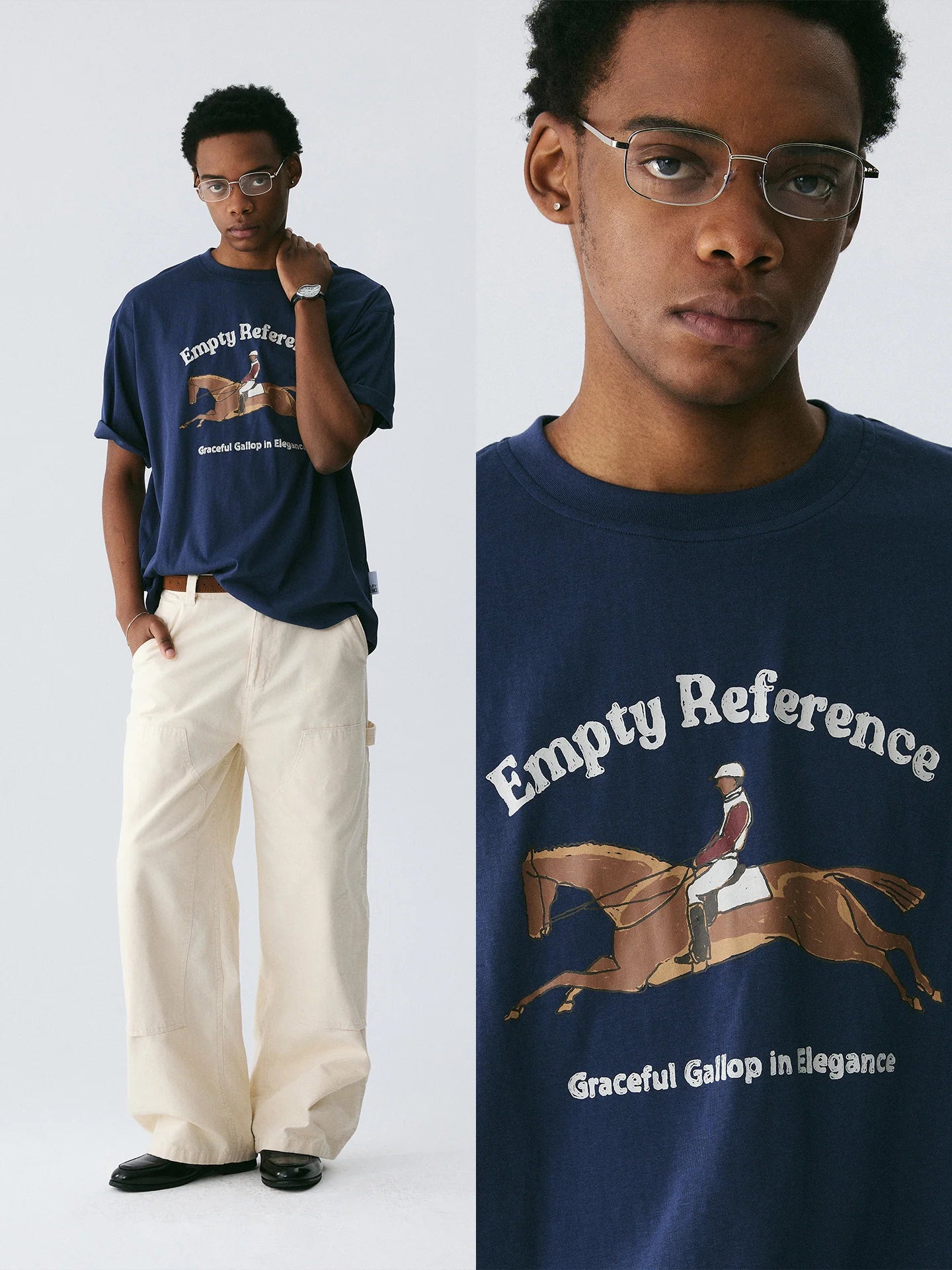 The Suspended Leap Tee - Navy Snow Fabric with Hand-Drawn Equestrian Jump