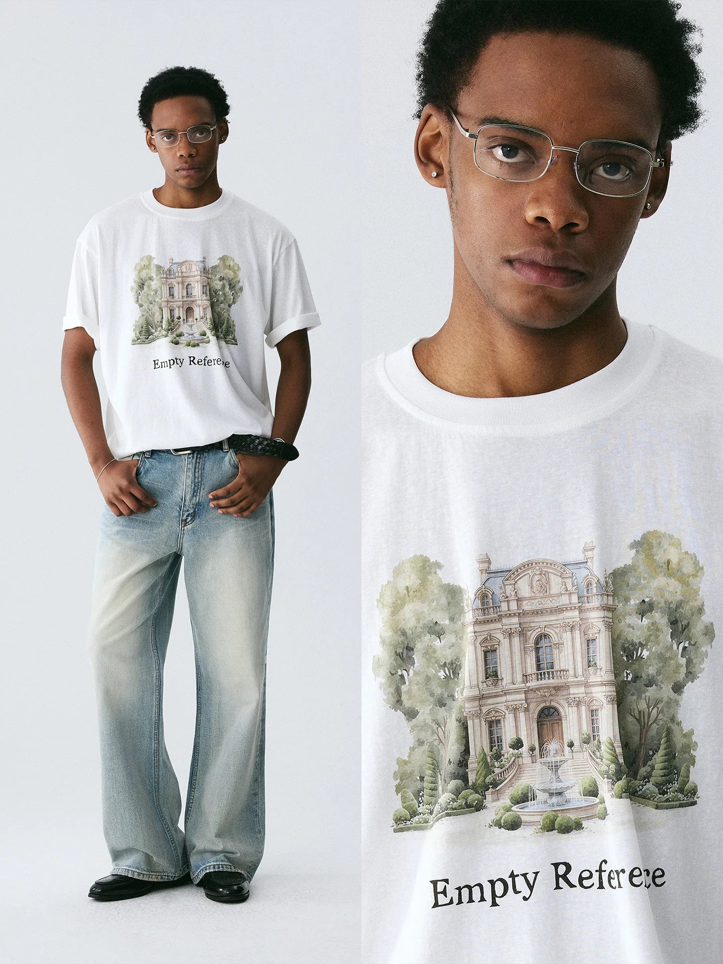 The Woodland Estate Tee - White Snow Fabric with Watercolor Manor & Forest