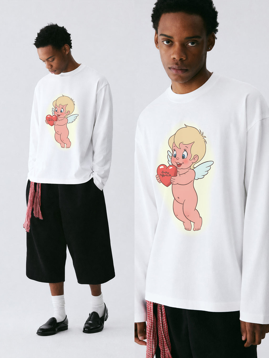 The Cherub Heart Tee - White Snow Fabric with Hand-Drawn Angel & Heart Print