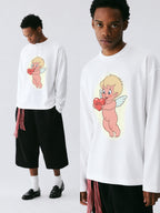 The Cherub Heart Tee - White Snow Fabric with Hand-Drawn Angel & Heart Print