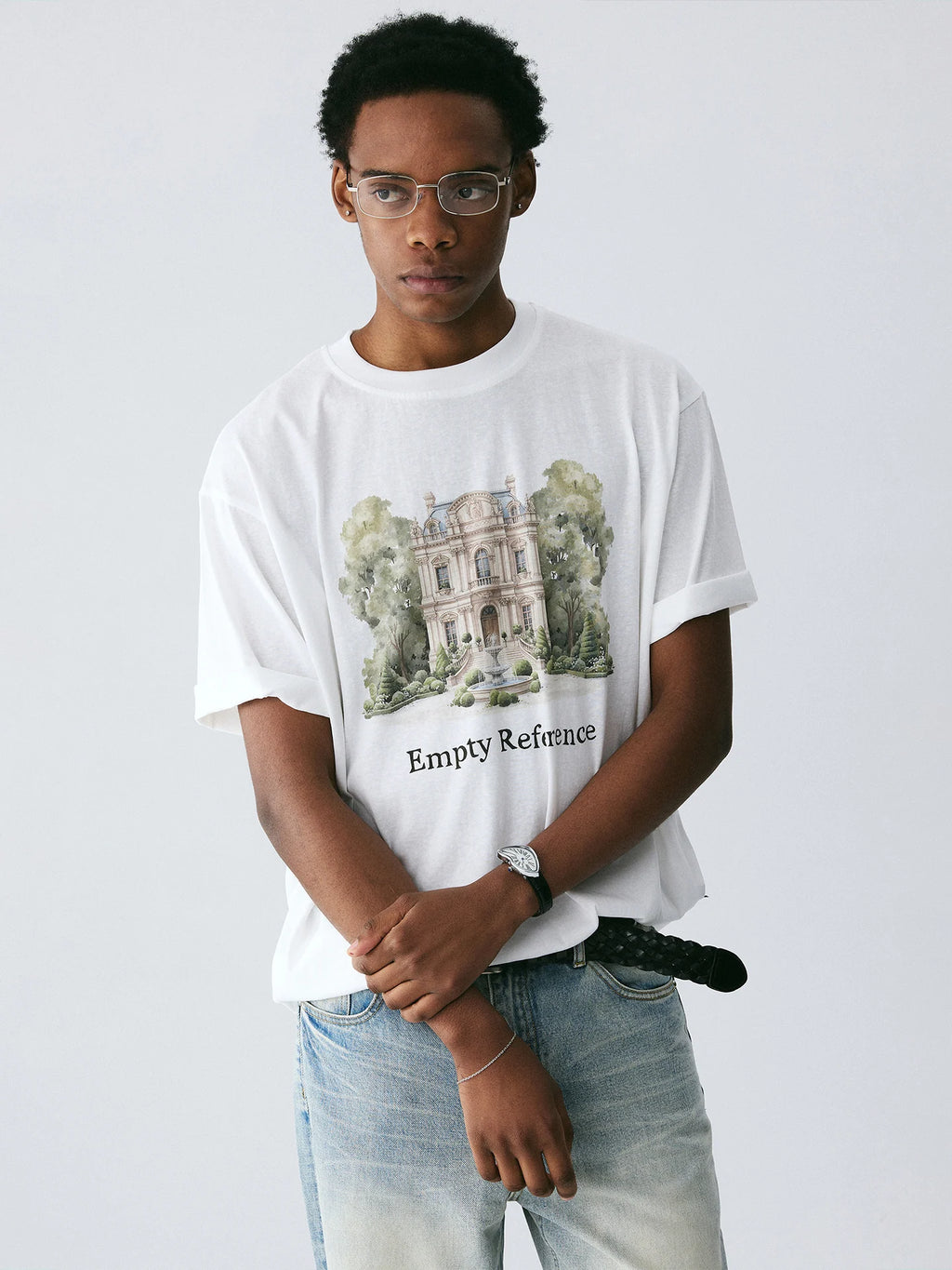 The Woodland Estate Tee - White Snow Fabric with Watercolor Manor & Forest