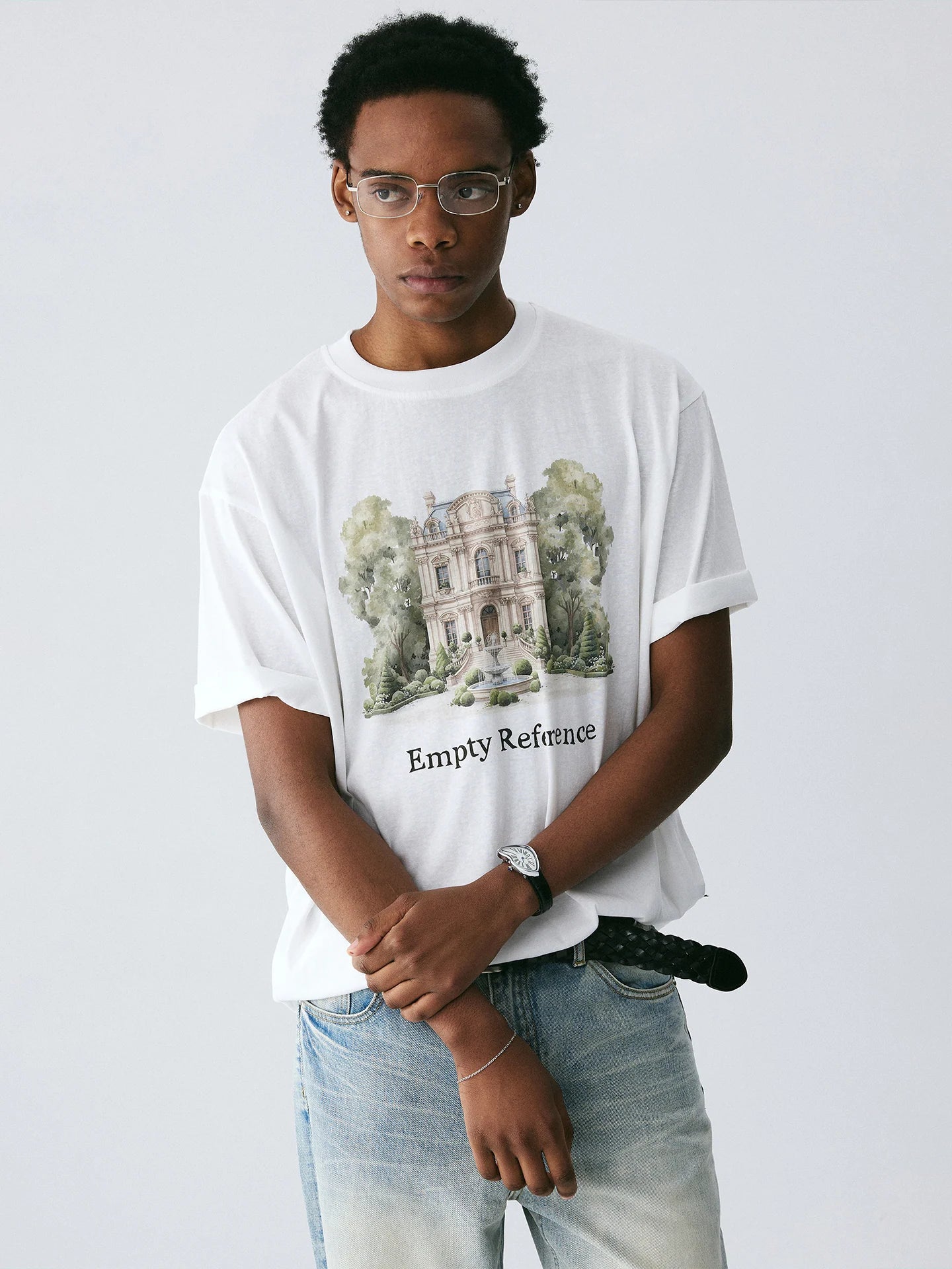 The Woodland Estate Tee - White Snow Fabric with Watercolor Manor & Forest