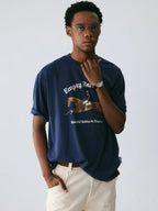 The Suspended Leap Tee - Navy Snow Fabric with Hand-Drawn Equestrian Jump