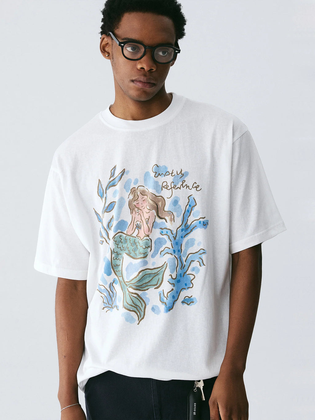 The Submerged Reverie Tee - White Snow Fabric with Hand-Drawn Mermaid & Coral