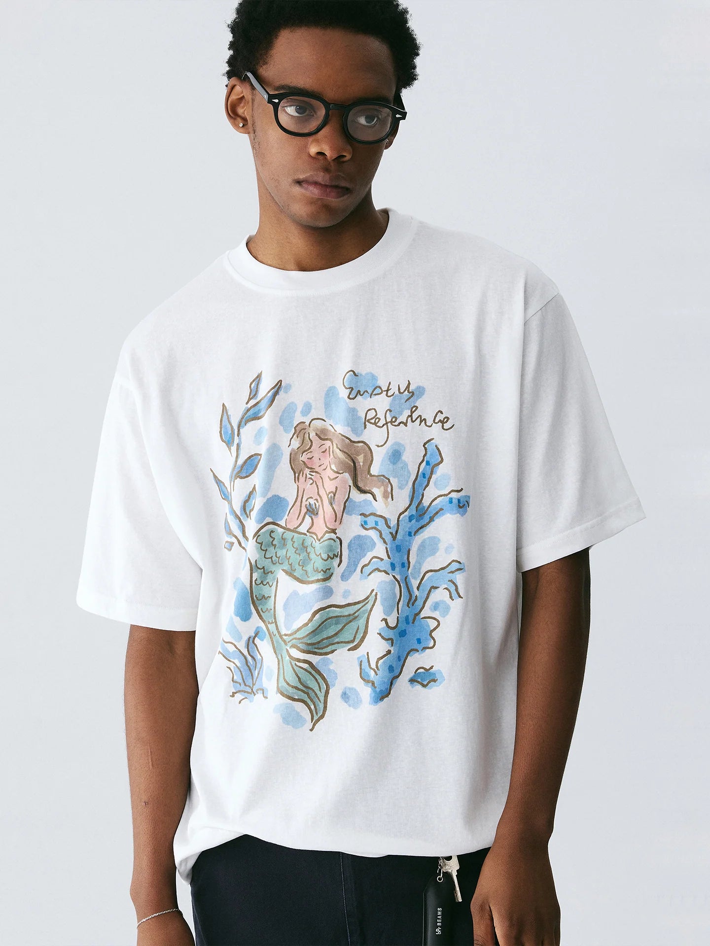 The Submerged Reverie Tee - White Snow Fabric with Hand-Drawn Mermaid & Coral