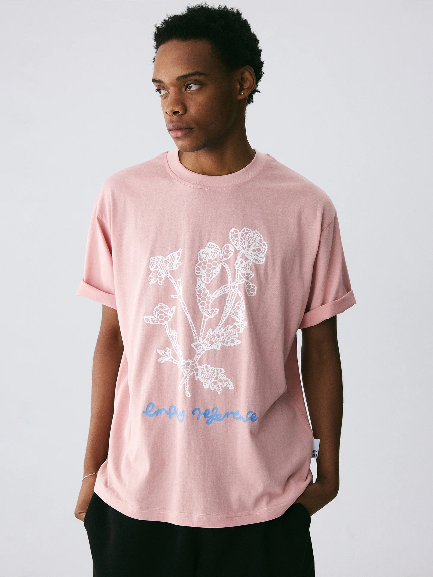 The Drawn Lace Tee - Pink Snow Fabric with Hand-Sketched White Lace Flowers