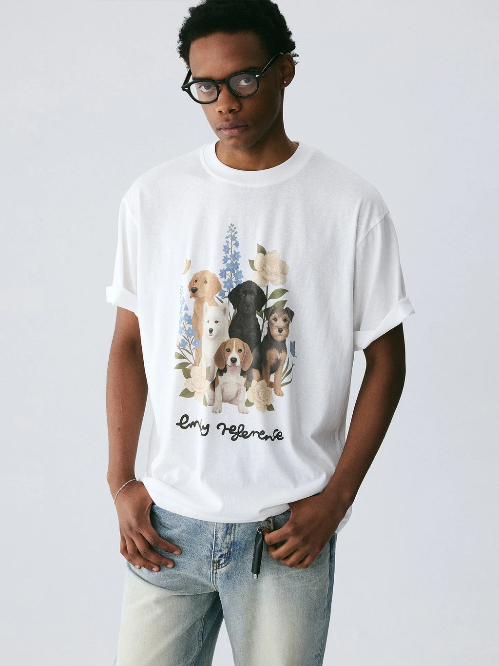 The Friendship Garden Tee - White Snow Fabric with Hand-Drawn Dog Pack & Flowers