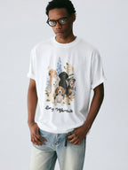 The Friendship Garden Tee - White Snow Fabric with Hand-Drawn Dog Pack & Flowers