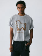 The Bleeding Dachshund Tee - Heather Grey Snow Fabric with Expressive Outline Print