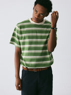The Avocado Stripe Tee - Double Cotton in Green & Cream with Contrast Collar