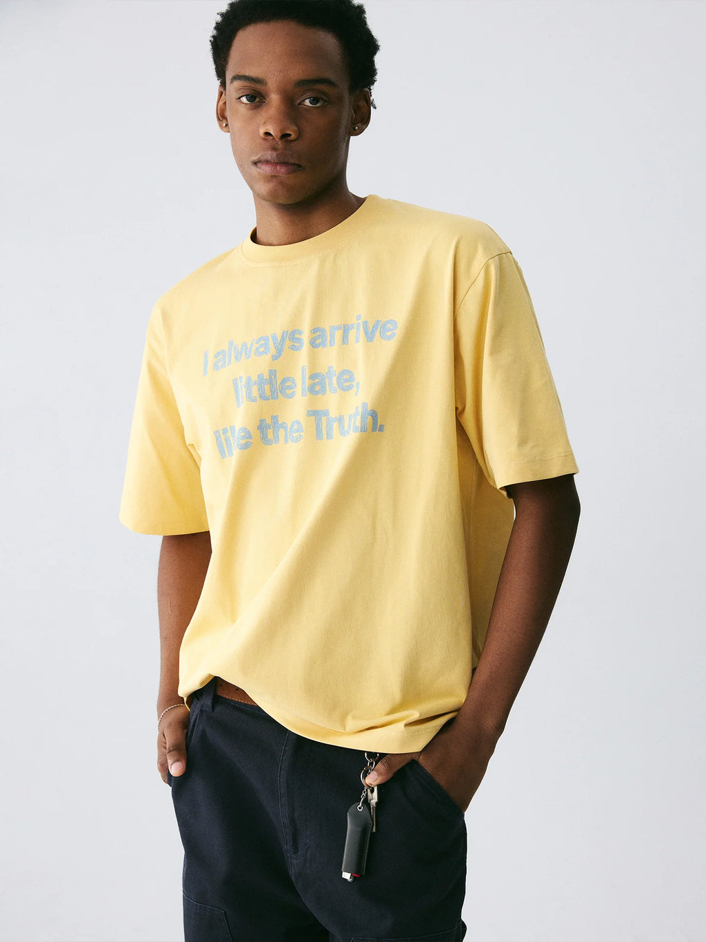 The Late Truth Tee - 240g Sorona® with Hand-Sketched Blue Lettering